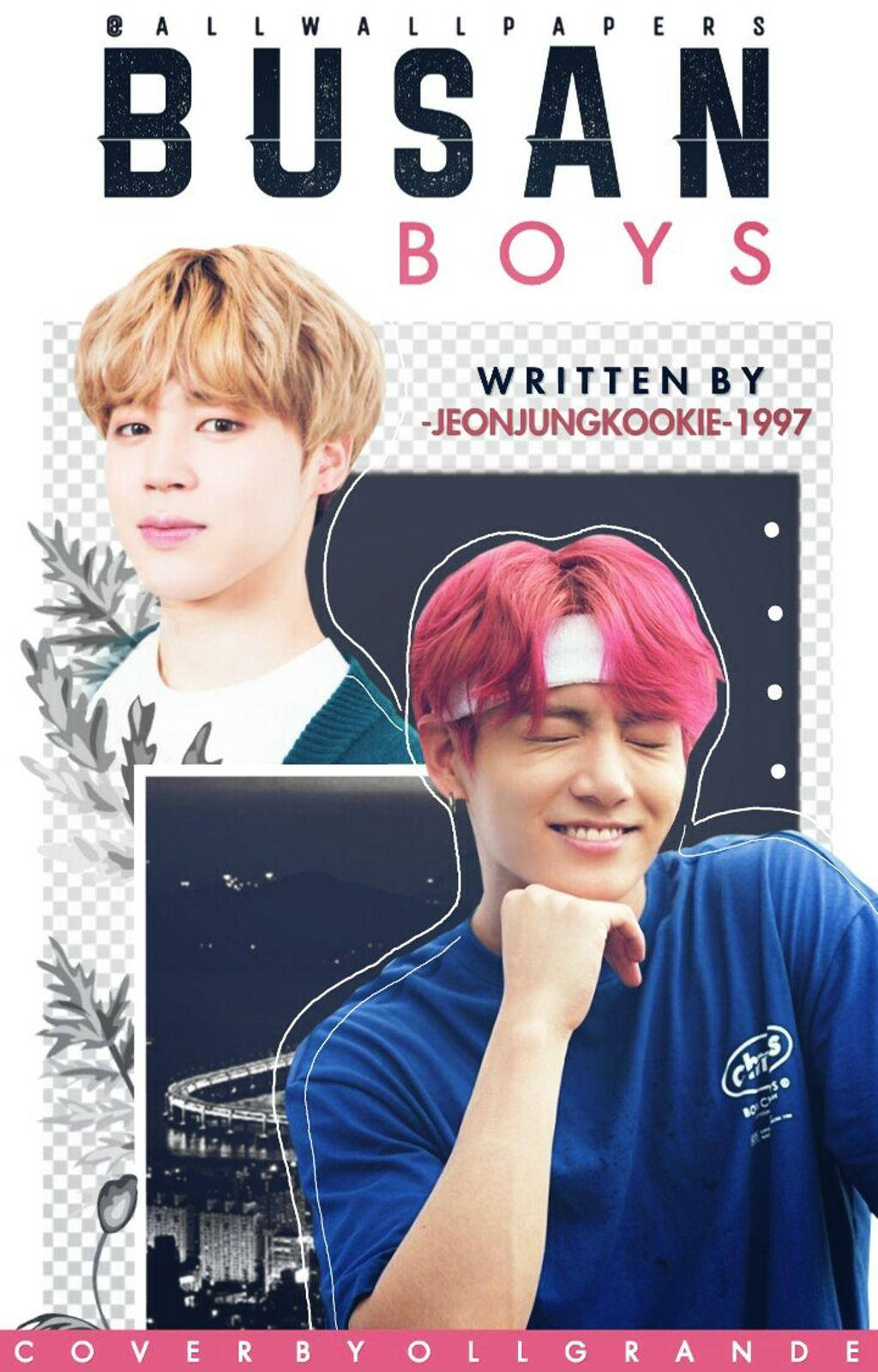 Jikook 漫畫《釜山男孩》 壁紙 — 兩名年輕男子，一頭金髮和粉紅髮，在城市景觀背景下擺姿勢，並帶有文字疊加。