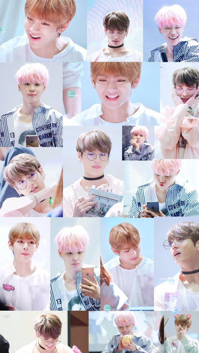 Jikook 笑容拼貼 壁紙 — 一幅充滿活力的拼貼畫，描繪了擁有彩色頭髮和眼鏡的年輕男性，穿著休閒服裝微笑或擺姿勢。
