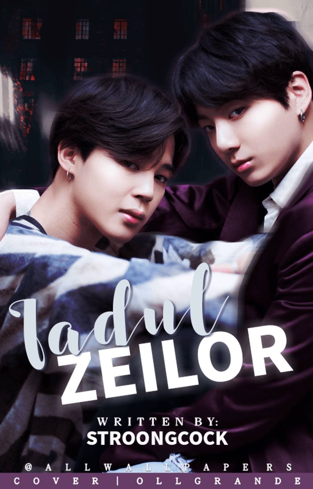 Jikook 與文字 Zeilor 壁紙 — 兩個年輕男子在溫暖燈光下緊抱，並在黑暗都市背景上有文字疊加。