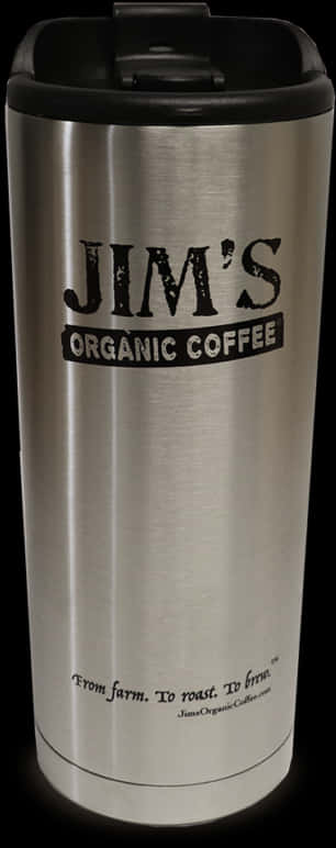 Jim's 有機咖啡保溫杯 壁紙 — 時尚不鏽鋼旅行杯，黑色蓋子，在深色背景上展示Jim's Organic Coffee品牌。
