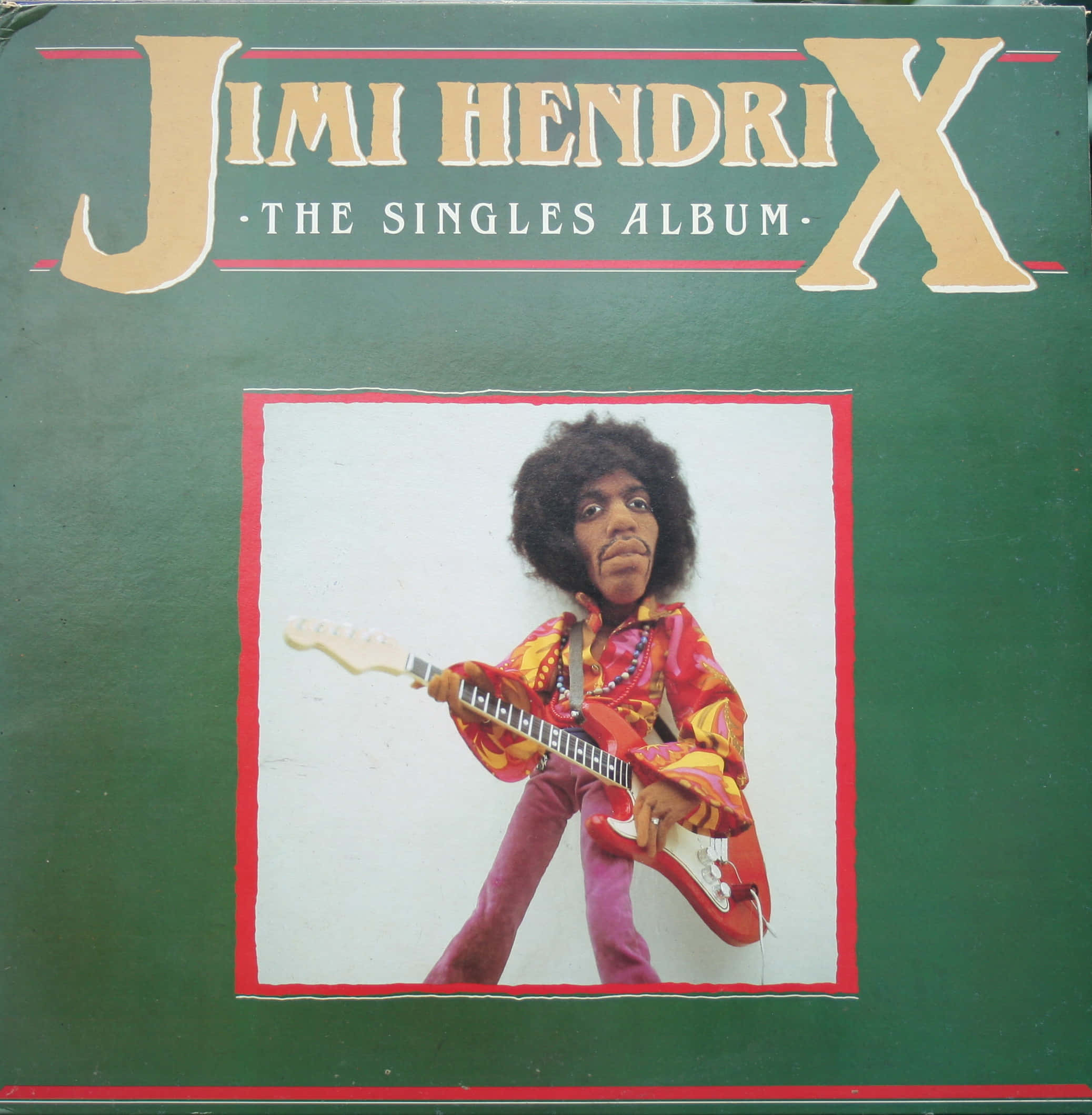 cover 桌布 壁紙 — Jimi Hendrix 在紅色電結他上，穿著色彩繽紛的圖案襯衫，背景為白色，以綠色和紅色框邊。