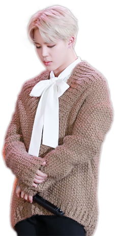 Jimin 優雅服裝造型 壁紙 — 一位年輕男子擁有鉑金色頭髮，穿著一件厚實的棕色針織毛衣，搭配一個大的白色蝴蝶結，背景為黑色。