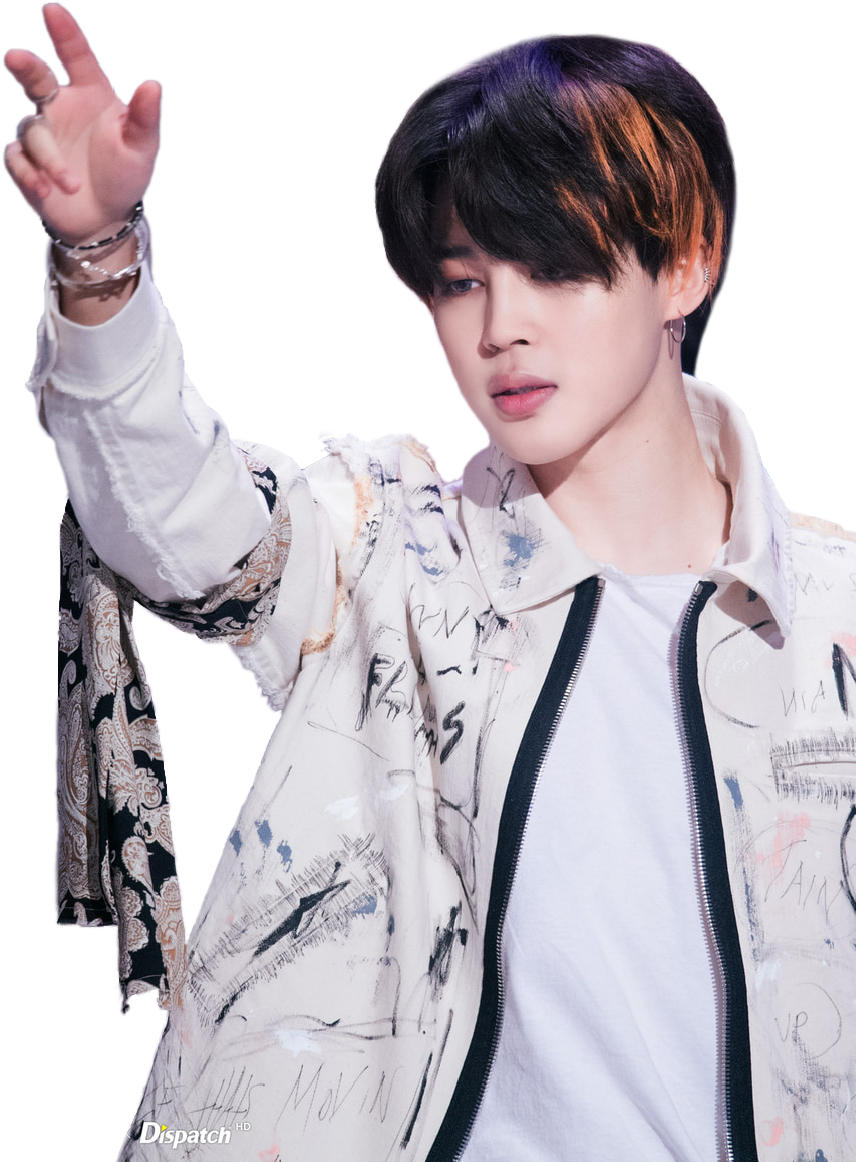 Jimin 領著和平手勢 壁紙 — 一位黑髮帶有橙色挑染的年輕男子，穿著塗鴉風格外套，在黑色背景前比出和平手勢。