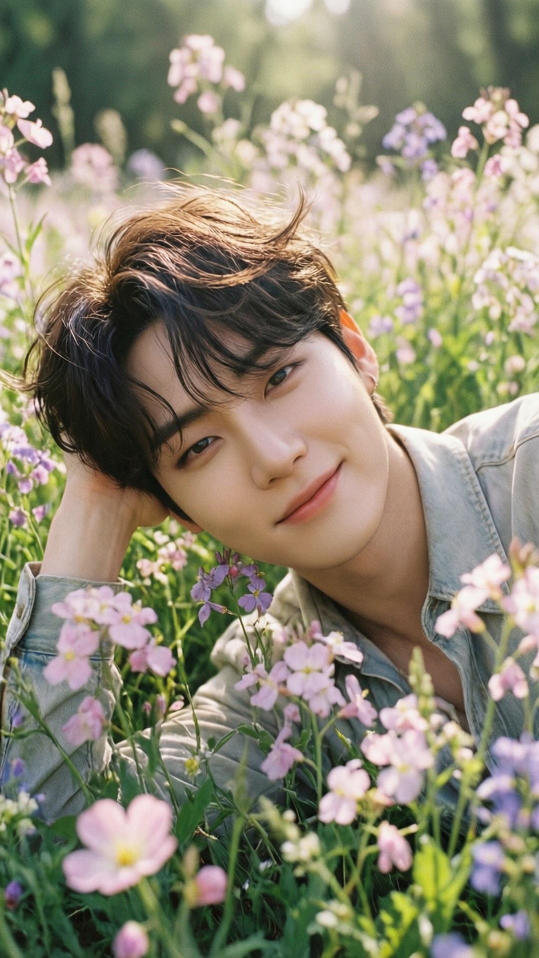 春日花海 Jimin 壁紙 — 一位頭髮蓬鬆的年輕男子躺在陽光普照的粉紫色野花田中，溫柔地微笑。
