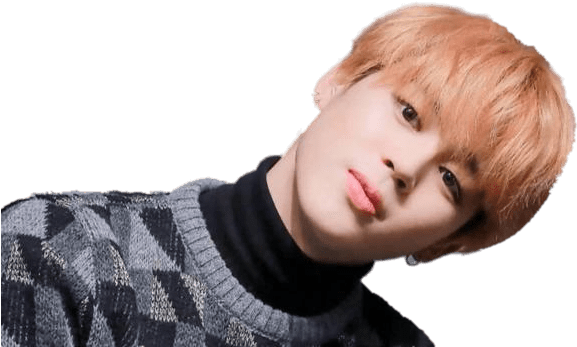 Jimin 身穿格紋毛衣 壁紙 — 一位年輕男子，擁有蜜桃金髮和粉紅嘴唇，穿著灰色圖案毛衣，背景為黑色。