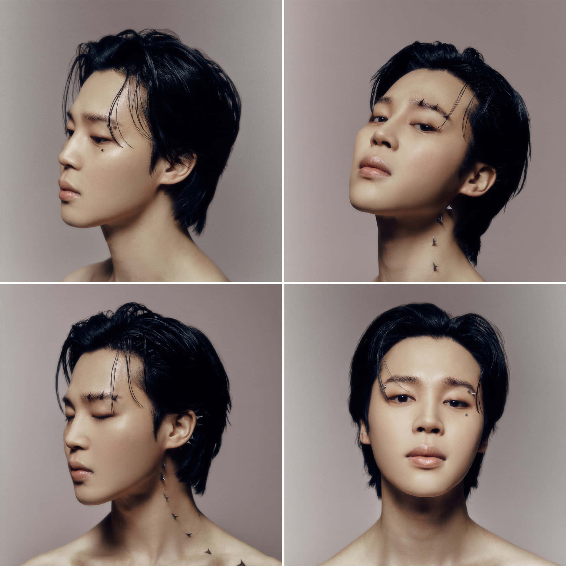 Jimin 在拍攝中展現甜美與帥氣風采！ 壁紙 — 四張工作室肖像照，拍攝對象為短黑髮、頸部有紋身的人，以側面和正面角度呈現，背景柔和。