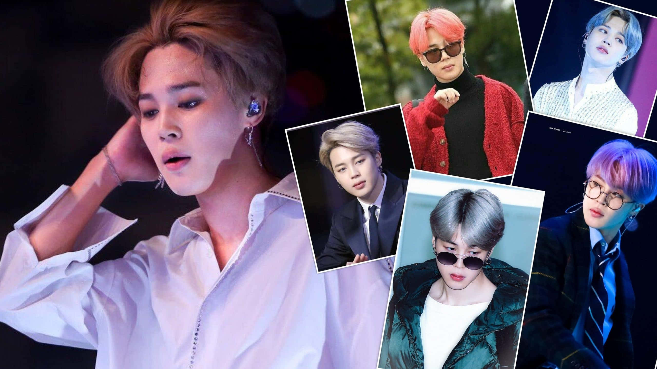 Jimin 展現無與倫比的舞台魅力 壁紙 — 一幅充滿活力的拼貼畫，展示一位K-pop偶像穿著多種時尚服裝和彩色頭髮，在不同場景中自信地擺姿勢。