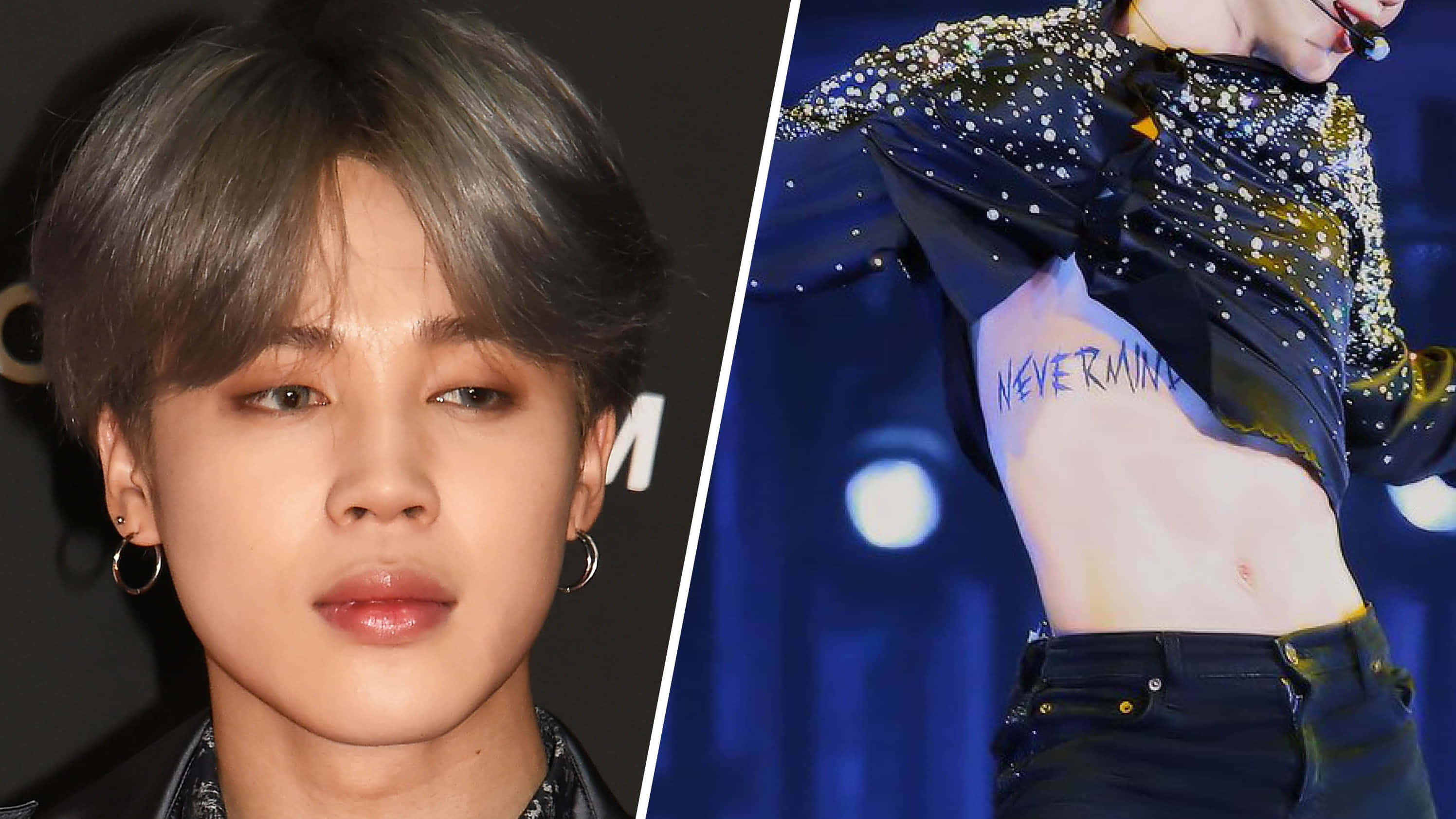 Jimin 展現迷人姿勢 壁紙 — 分開的圖像，一個灰髮戴環形耳環的年輕男子旁邊是一張舞台照，顯示他的腹部寫著「NEVERMIND」。