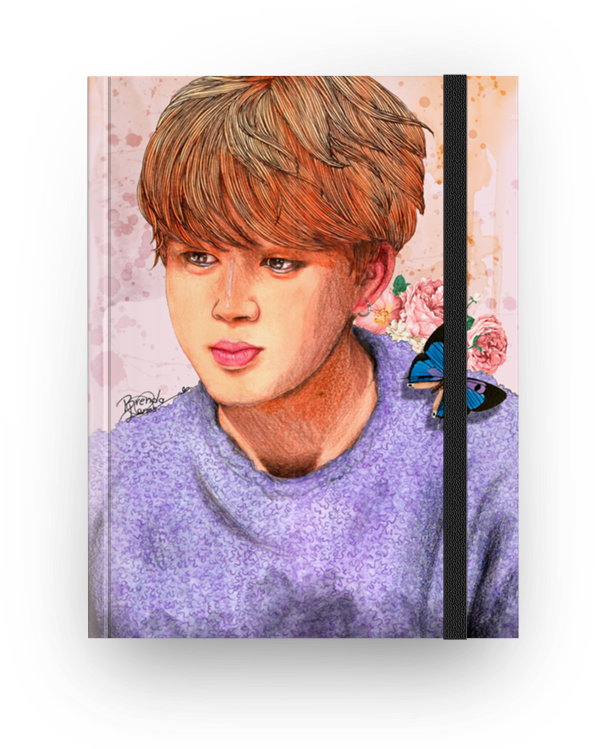 Jimin 紫色毛衣藝術彩繪肖像 壁紙 — 一個柔和的數碼肖像，一個年輕男子，橙色頭髮，紫色毛衣，一隻藍色蝴蝶停在他的肩膀上，背景是花卉圖案。