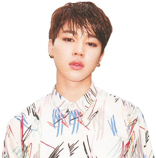 Jiminin 色彩繽紛襯衫 壁紙 — 一位短棕髮、戴金色耳環的年輕男子，穿著一件帶有彩色抽象筆觸圖案的白襯衫，背景為黑色。