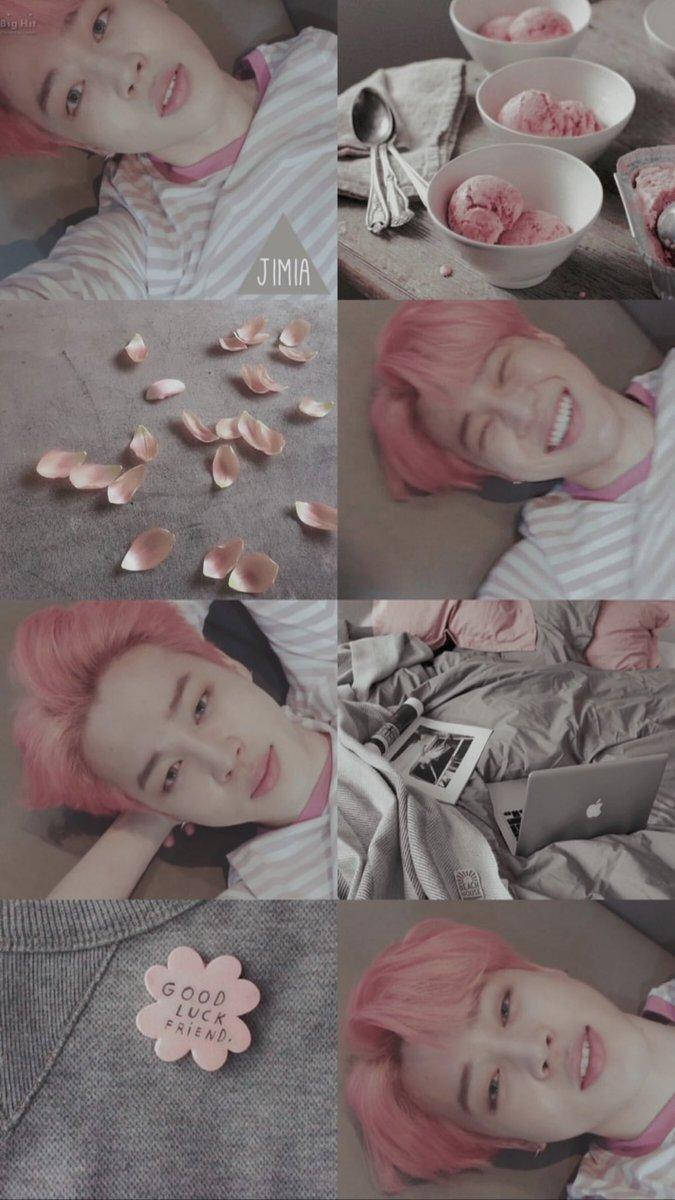 Jimin凝視美學壁紙 壁紙 — 一位粉紅色頭髮的年輕男子以放鬆姿勢拼貼，周圍環繞著粉紅色玫瑰花瓣和冰淇淋碗。