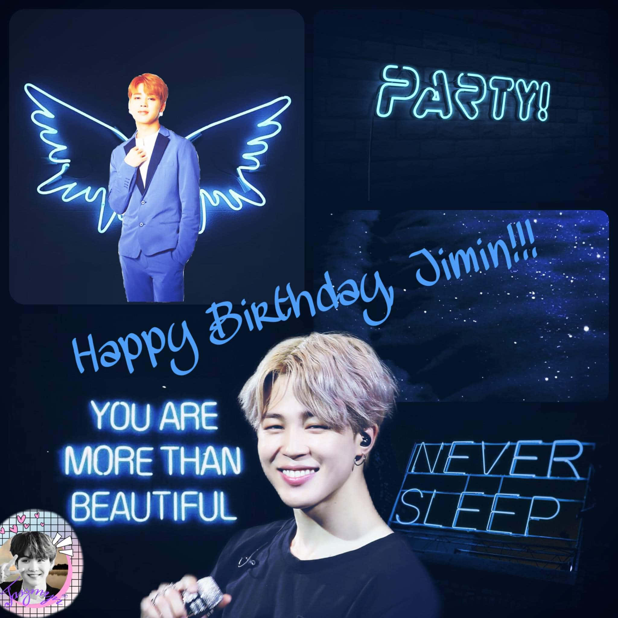 Jimin展現無壓酷感與獨特氣質 壁紙 — 一個充滿活力的生日拼貼畫，有一個微笑的男人帶著霓虹藍色翅膀，以及像「Happy Birthday Jimin」和「Party!」的文字疊加在深色磚牆上。