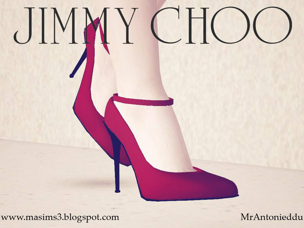 米色表面上的一雙紫紅色Jimmy Choo高跟涼鞋，附有腳踝帶。
