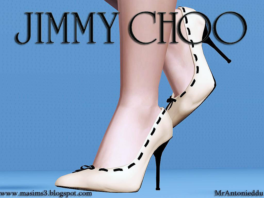 奶油色Jimmy Choo高跟鞋，帶有黑色縫線和蝴蝶結。