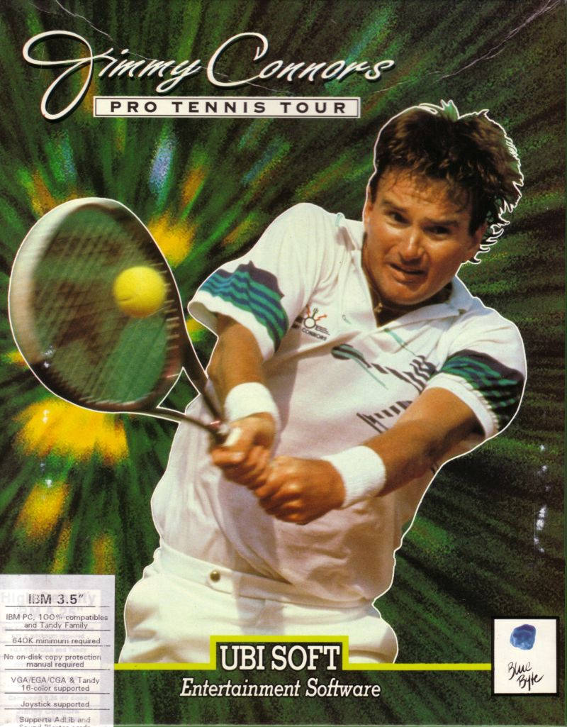 網球選手Jimmy Connors在抽象背景前揮拍擊球的中間動作。