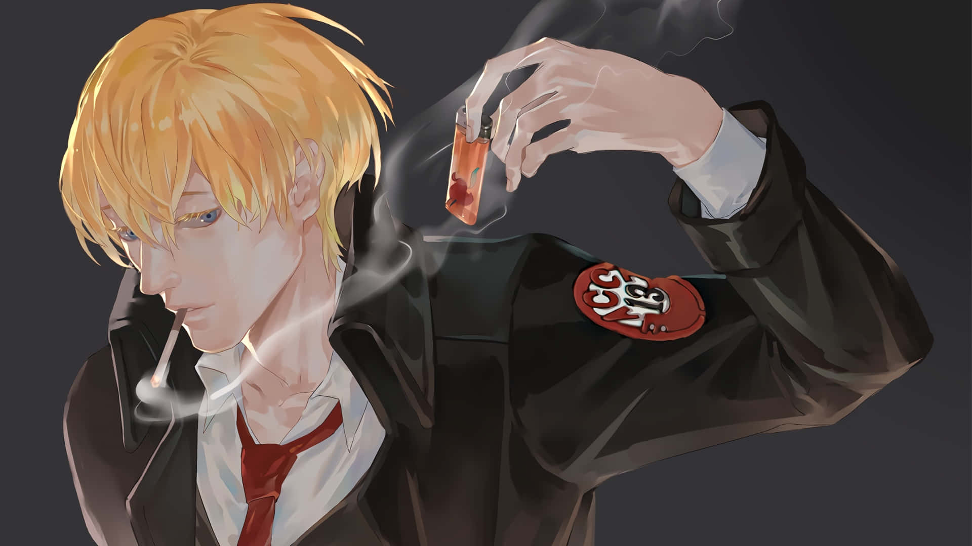  壁紙 — 一個金髮動漫男人穿著黑色外套，在黑暗背景下拿著打火機吸煙。