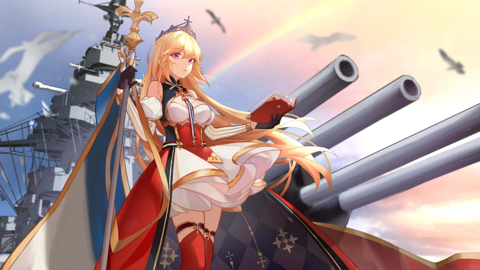  壁紙 — 一位金髮動漫女孩穿著紅白連衣裙，自豪地站在戰艦前，天空中有彩虹。