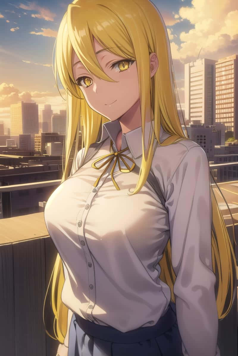  壁紙 — 一位金髮動漫女孩穿著白色襯衫，在俯瞰陽光普照的城市景觀的屋頂上溫柔地微笑。