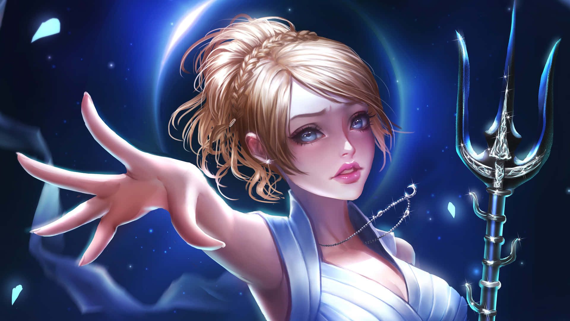  壁紙 — 一位金髮動漫女神身穿白色長袍，在宇宙藍色星空背景下手持發光三叉戟。