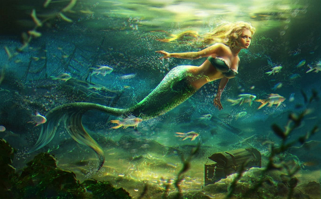 金髮美人魚在水下靠近沉船和寶箱游泳。