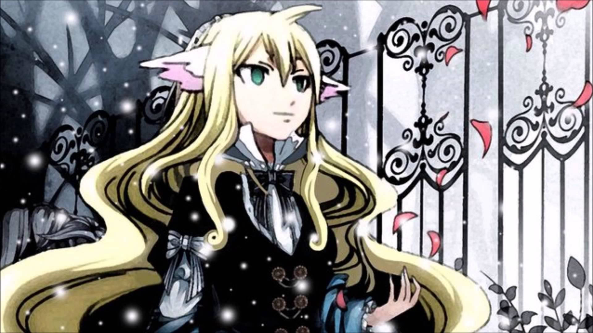 妖精的尾巴創立者馬維斯·維爾米倫 壁紙 — 一個金髮貓耳動漫女孩站在華麗的大門前，雪花飄落，紅色花瓣在她周圍飄舞。