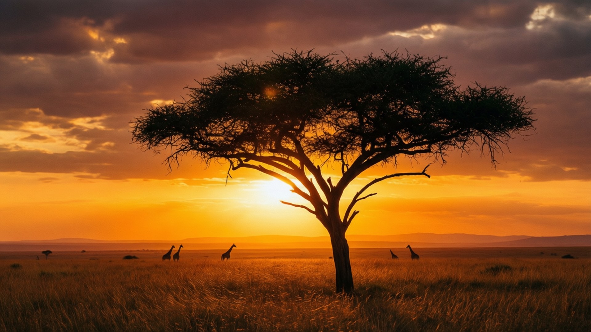 Kenya 桌布 壁紙 — 一棵孤獨的金合歡樹在熾熱的日落中形成剪影，長頸鹿在金黃色的稀樹草原上漫步。