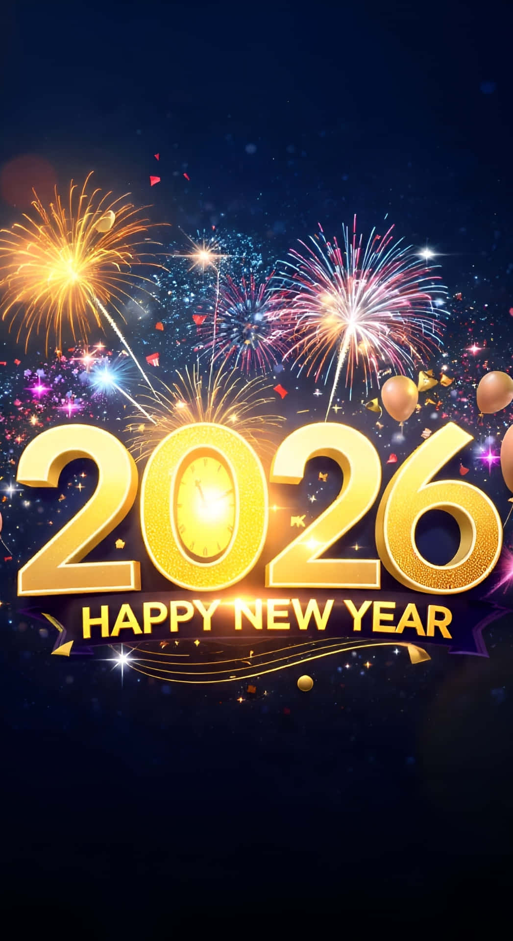  壁紙 — 金色2026新年文字，在黑暗夜空背景下閃爍煙花和氣球。