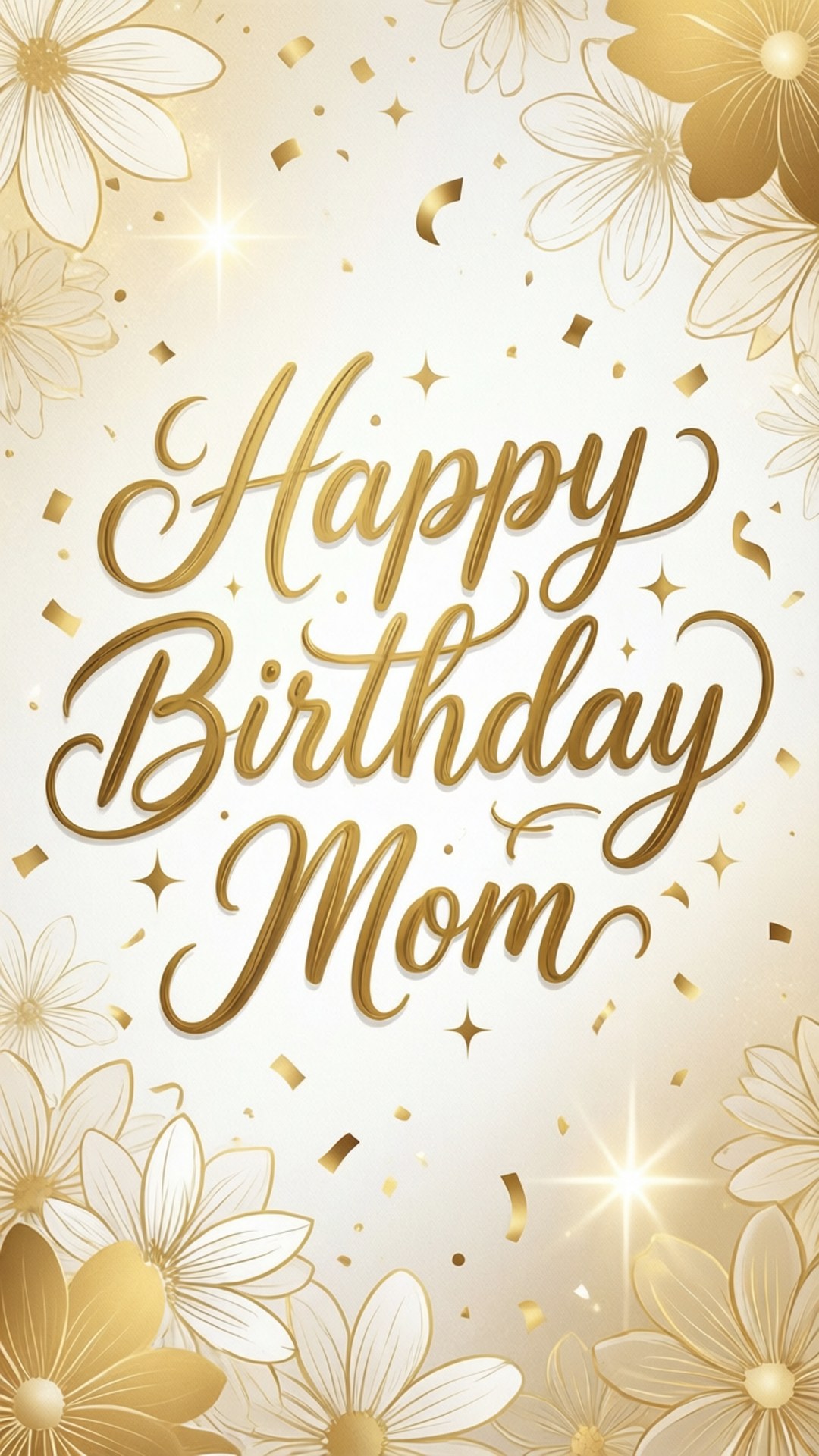 Happy Birthday Mom 桌布 壁紙 — 金色草書文字寫著「Happy Birthday Mom」，周圍環繞著花卉圖案和閃閃發光的五彩紙屑，背景為奶油色。