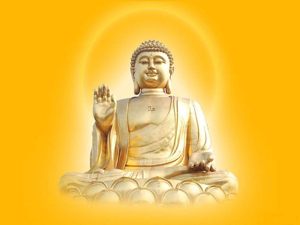 金色佛像以冥想姿勢坐著，散發出耀眼的光環。