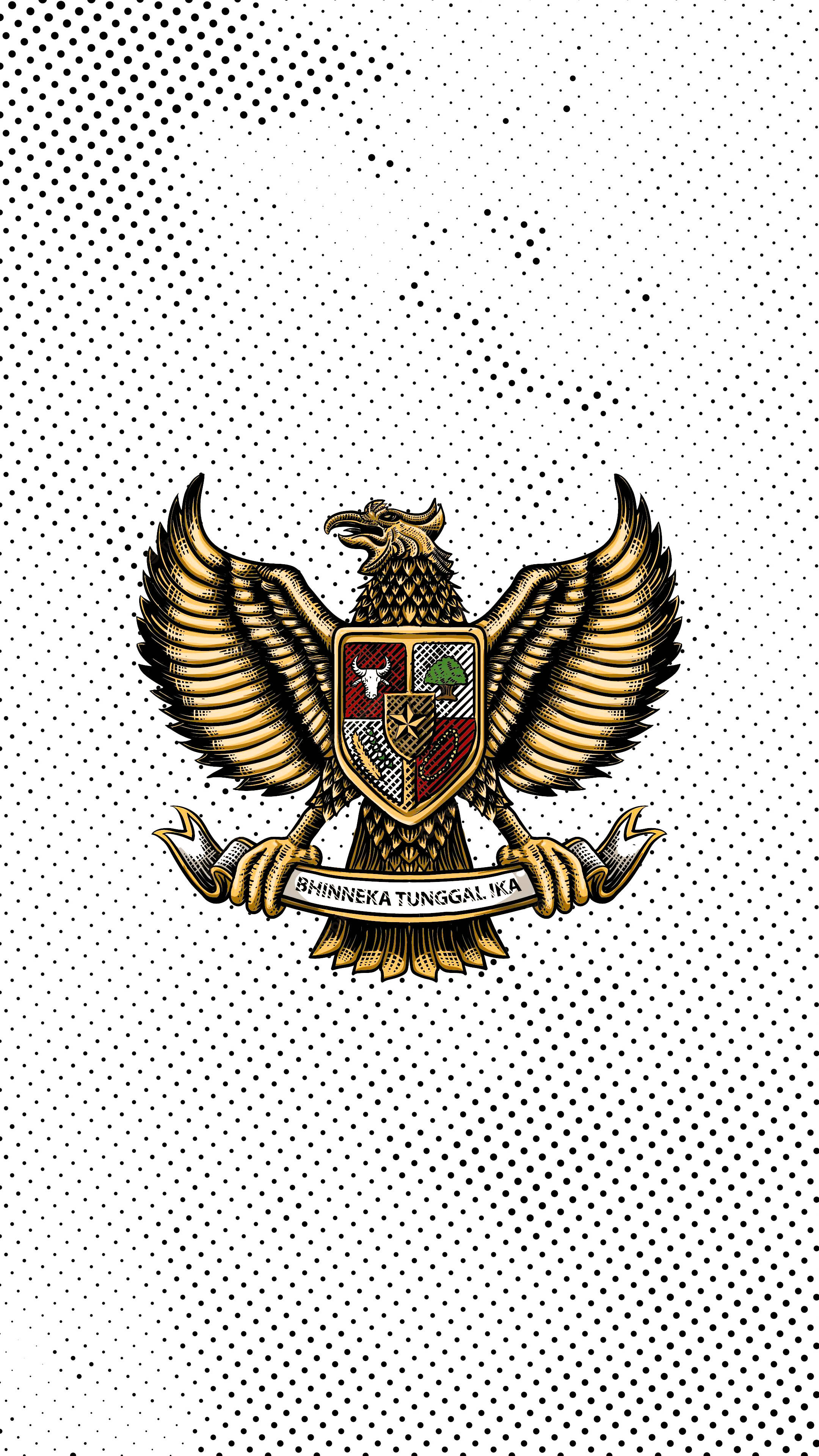 金色Garuda Pancasila國徽在黑色圓點背景上