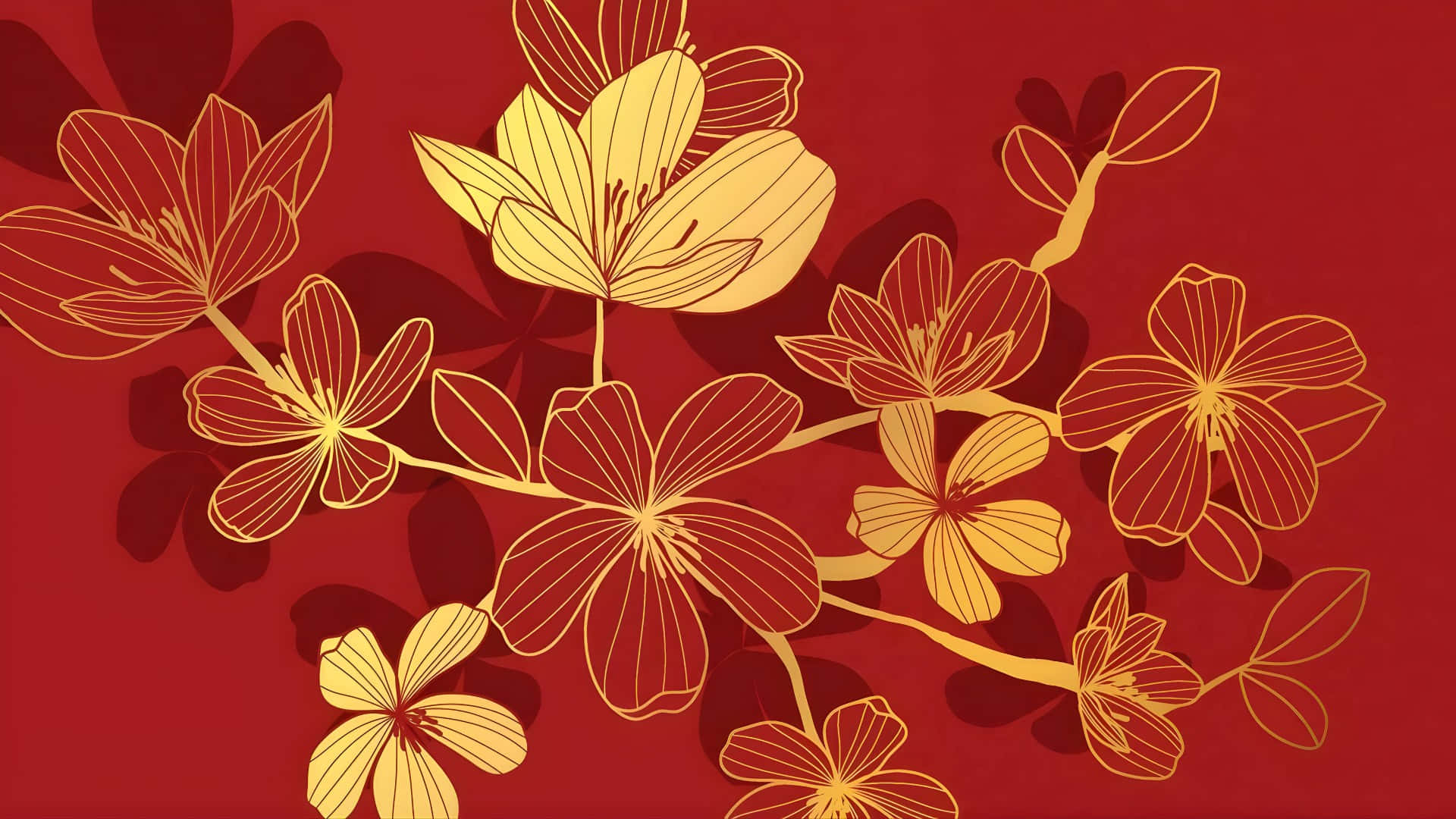  壁紙 — 金色輪廓的花朵在濃郁的紅色背景上優雅綻放，呈現風格化插圖。