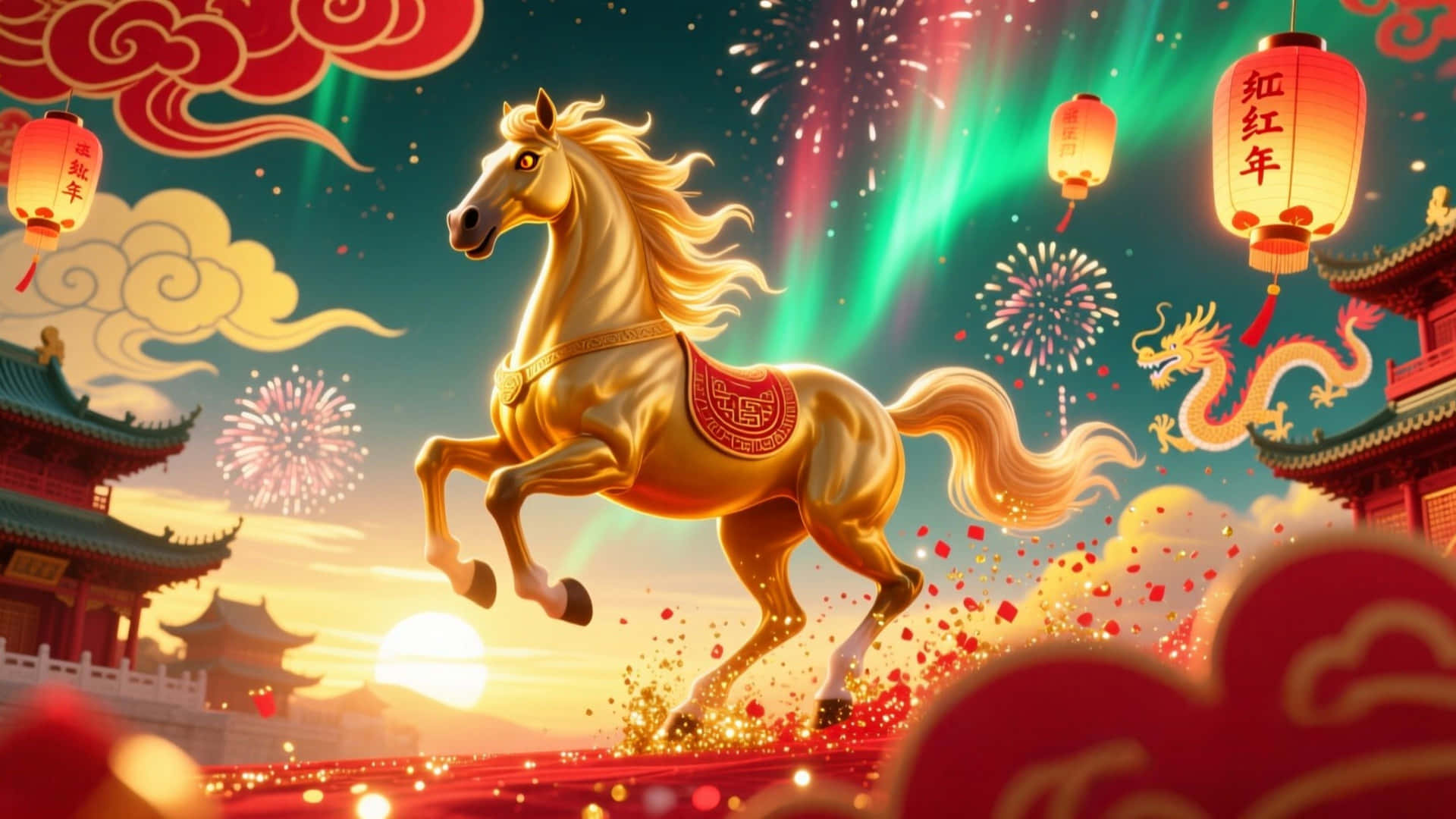  壁紙 — 一匹金色的馬奔騰在充滿節日氣氛的農曆新年場景中，有煙花、燈籠和傳統建築，天空色彩繽紛。