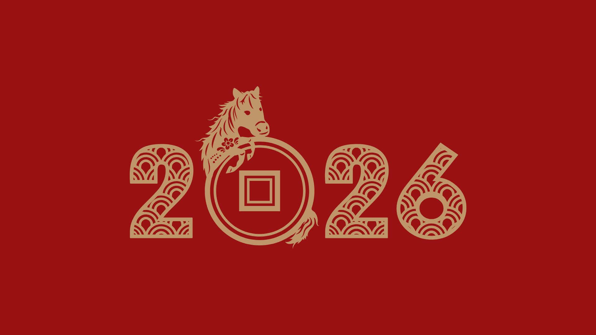  壁紙 — 金色馬頭從華麗的2026數字中浮現，背景為濃郁的紅色。