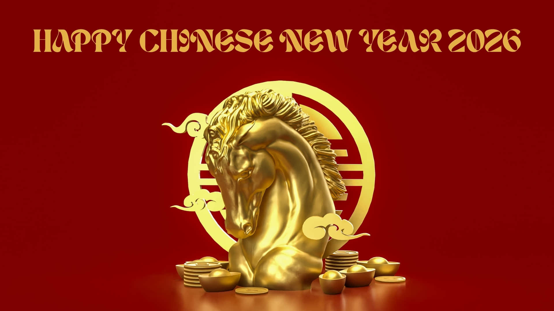  壁紙 — 金色馬頭雕塑被金條包圍，在豐富的紅色背景上帶有「Happy Chinese New Year 2026」文字。