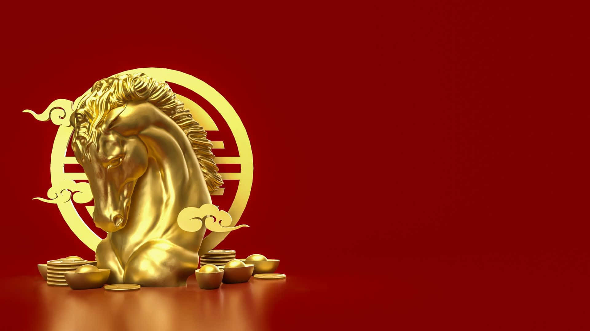  壁紙 — 金色馬頭雕塑，飾有傳統中國雲紋和金幣，背景為濃郁的紅色。