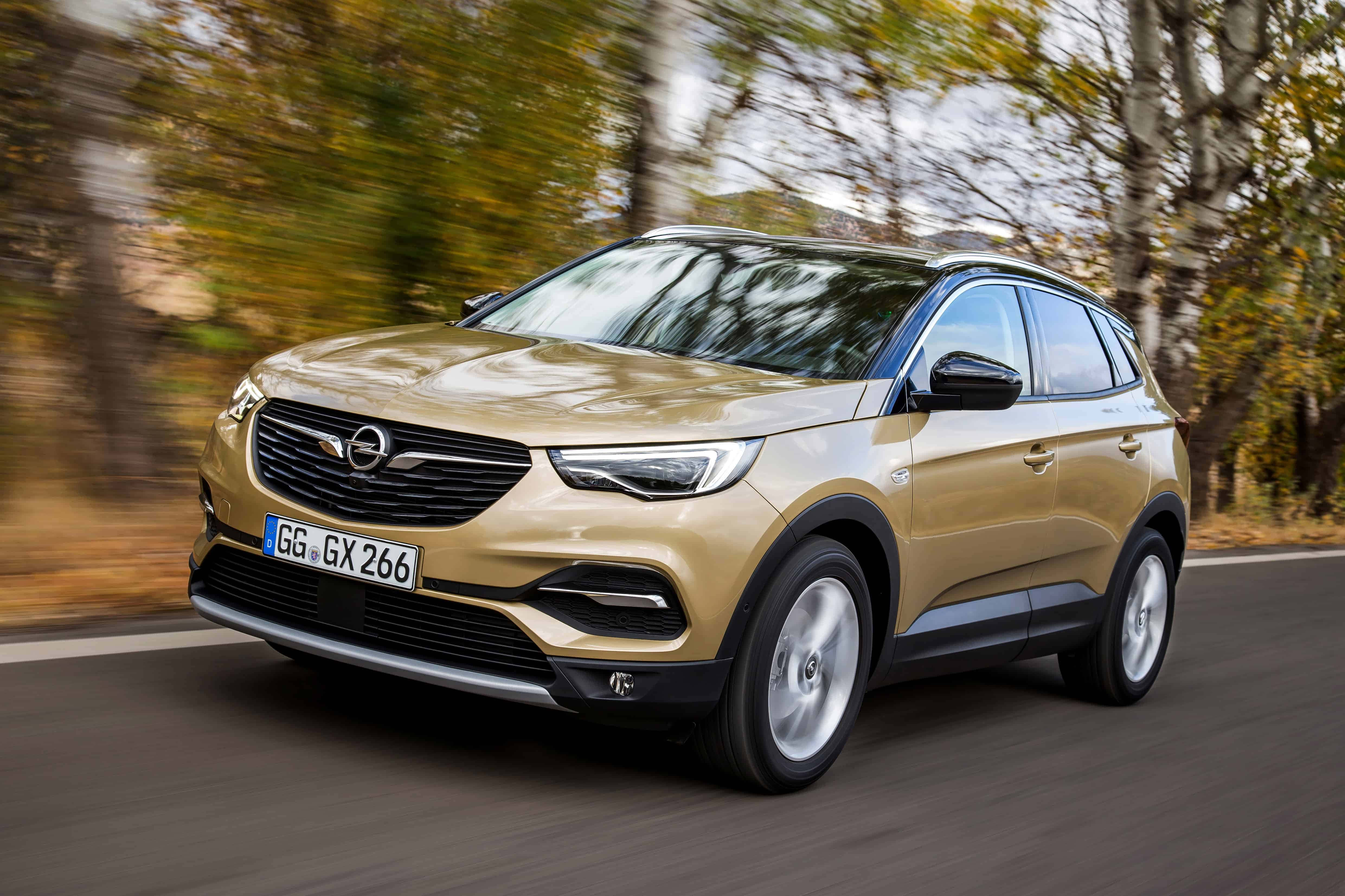 Opel Grandland X 桌布 壁紙 — 一輛金色歐寶SUV在樹木成行的道路上飛馳，秋葉在運動中模糊。