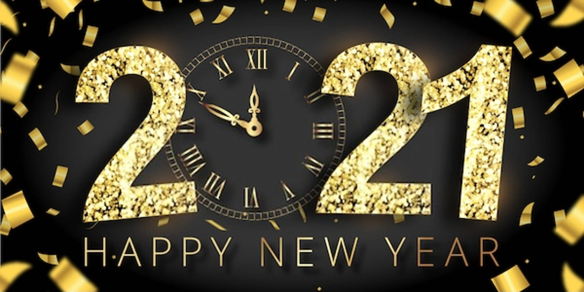 金色「2021」和時鐘與五彩紙屑慶祝新年。