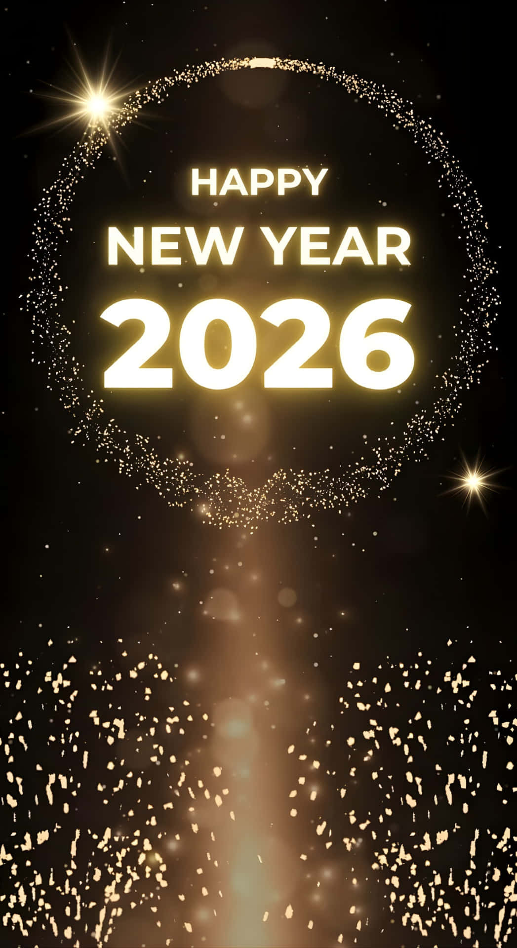  壁紙 — 金色閃爍的煙火在發光的文字周圍爆發，慶祝2026年新年快樂，背景是黑暗的星空。