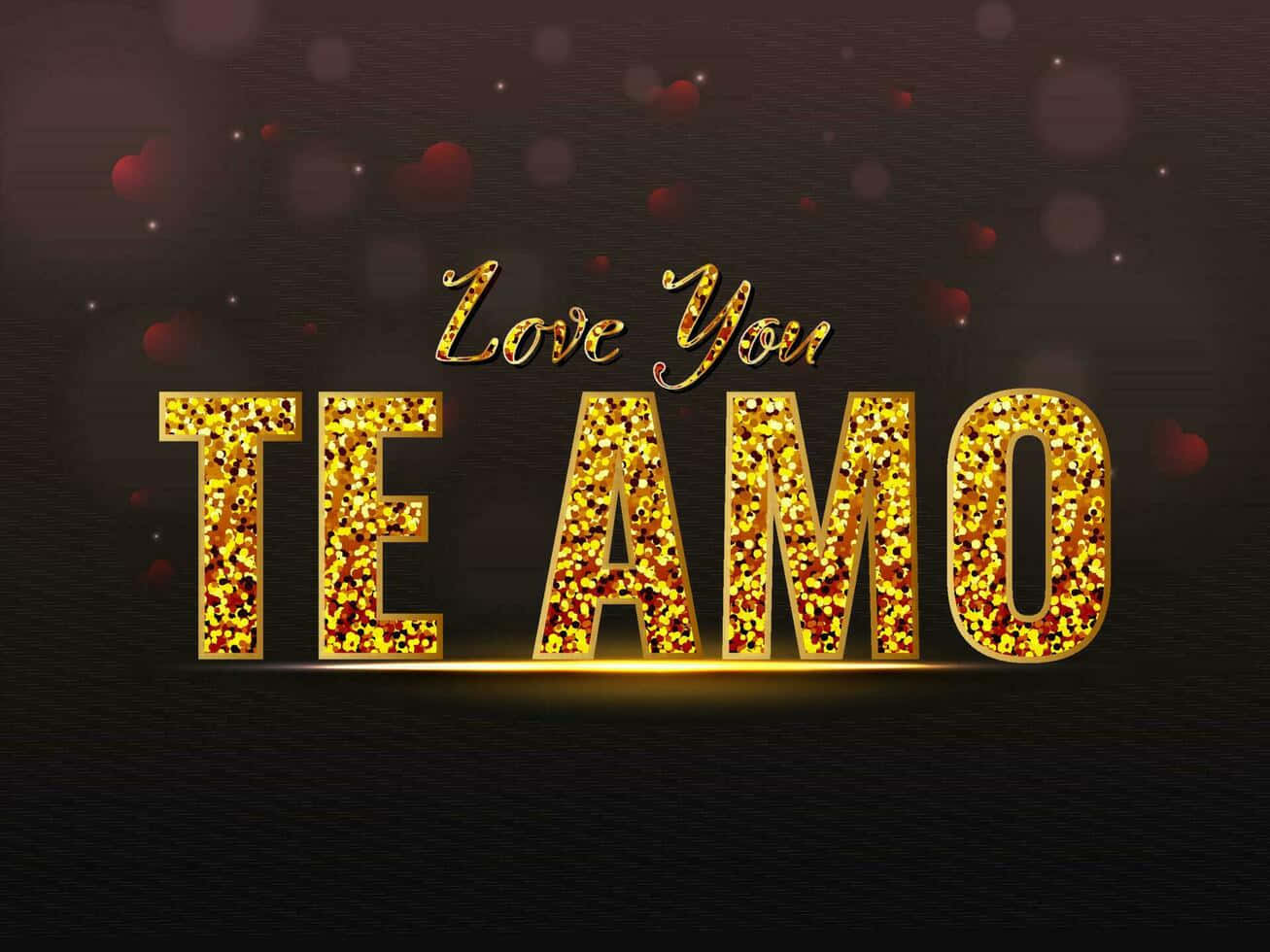  壁紙 — 金色閃爍文字拼出 'TE AMO'，上方有 'Love You'，背景為深色，並有漂浮的紅色心形。