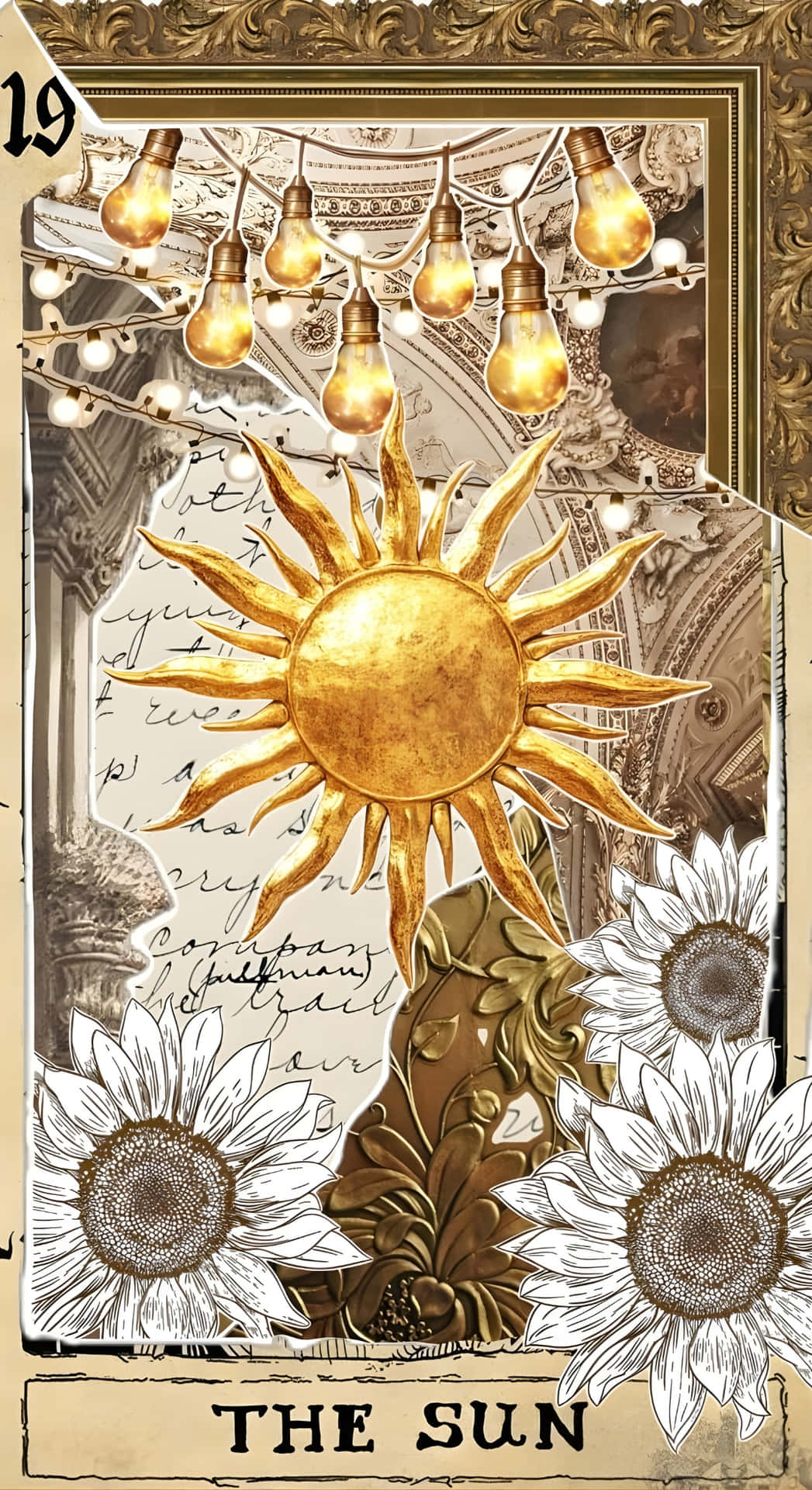  壁紙 — 金色太陽在白色向日葵和復古字體上方散發溫暖，在裝飾畫框內閃爍的愛迪生燈泡下。