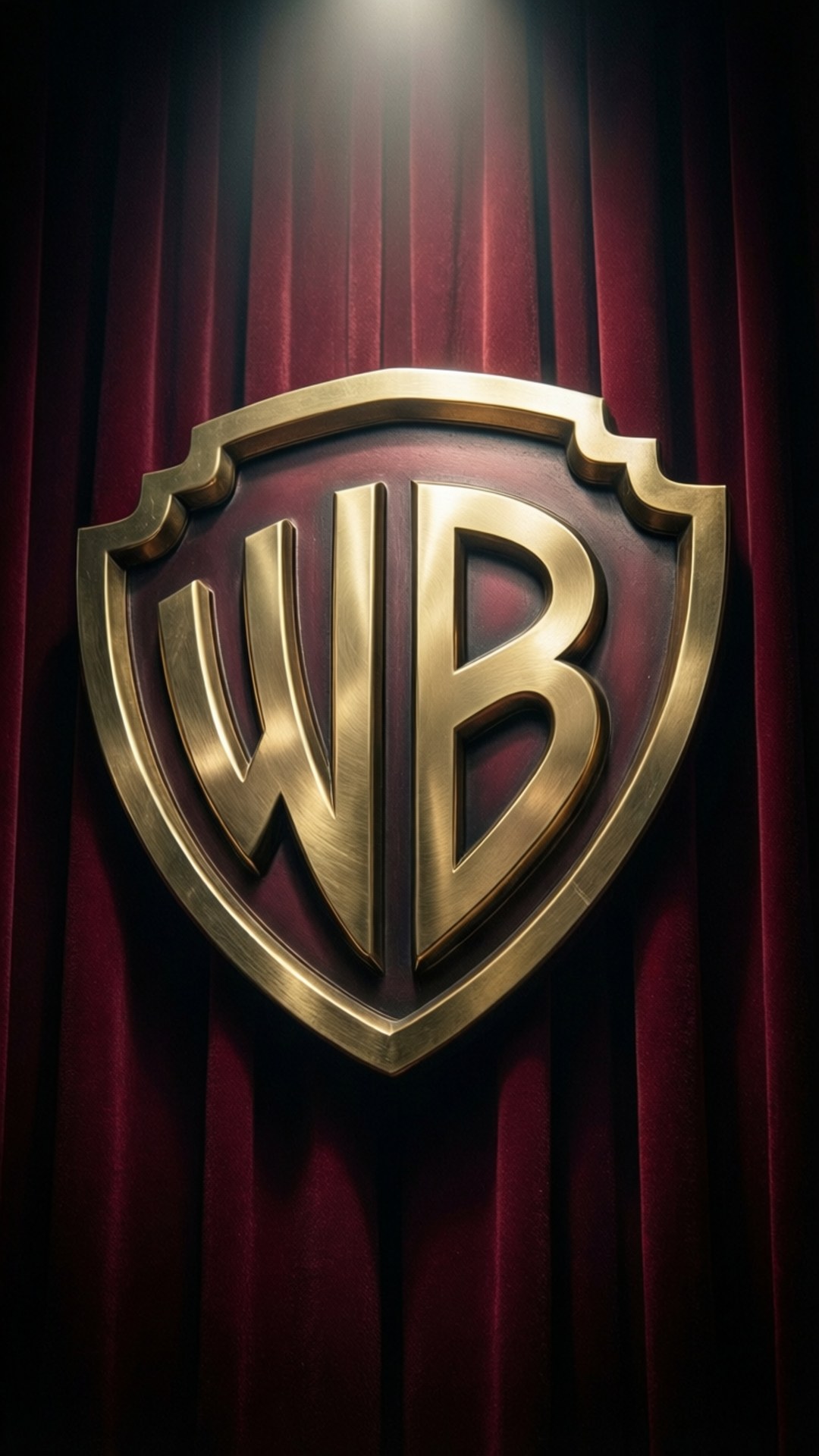 Warner Bros. Entertainment 桌布 壁紙 — 金色華納兄弟盾牌標誌在聚光燈下，映襯著華麗的紅色天鵝絨窗簾閃閃發光。