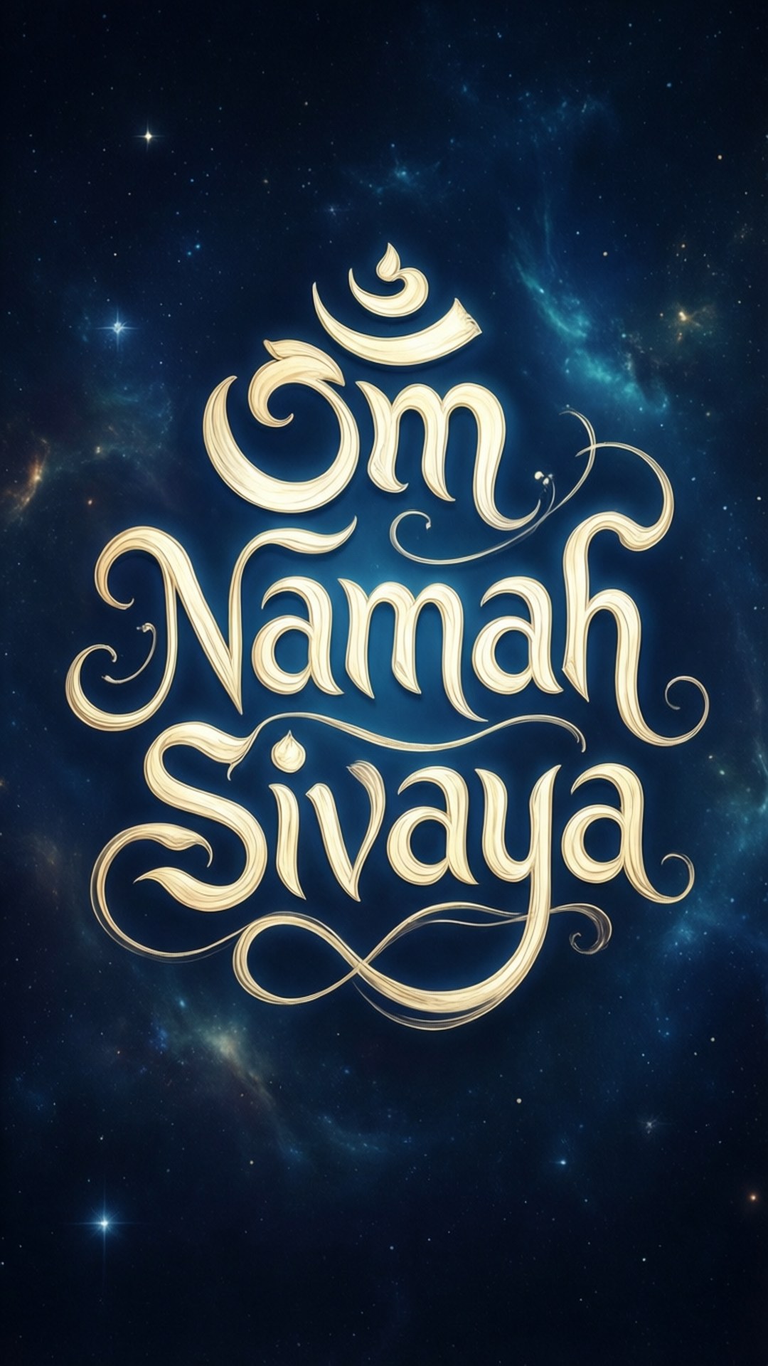 桌布 壁紙 — 金色華麗的梵文文字 Om Namah Sivaya 漂浮在深邃的宇宙星雲背景中，伴隨著閃爍的星星。