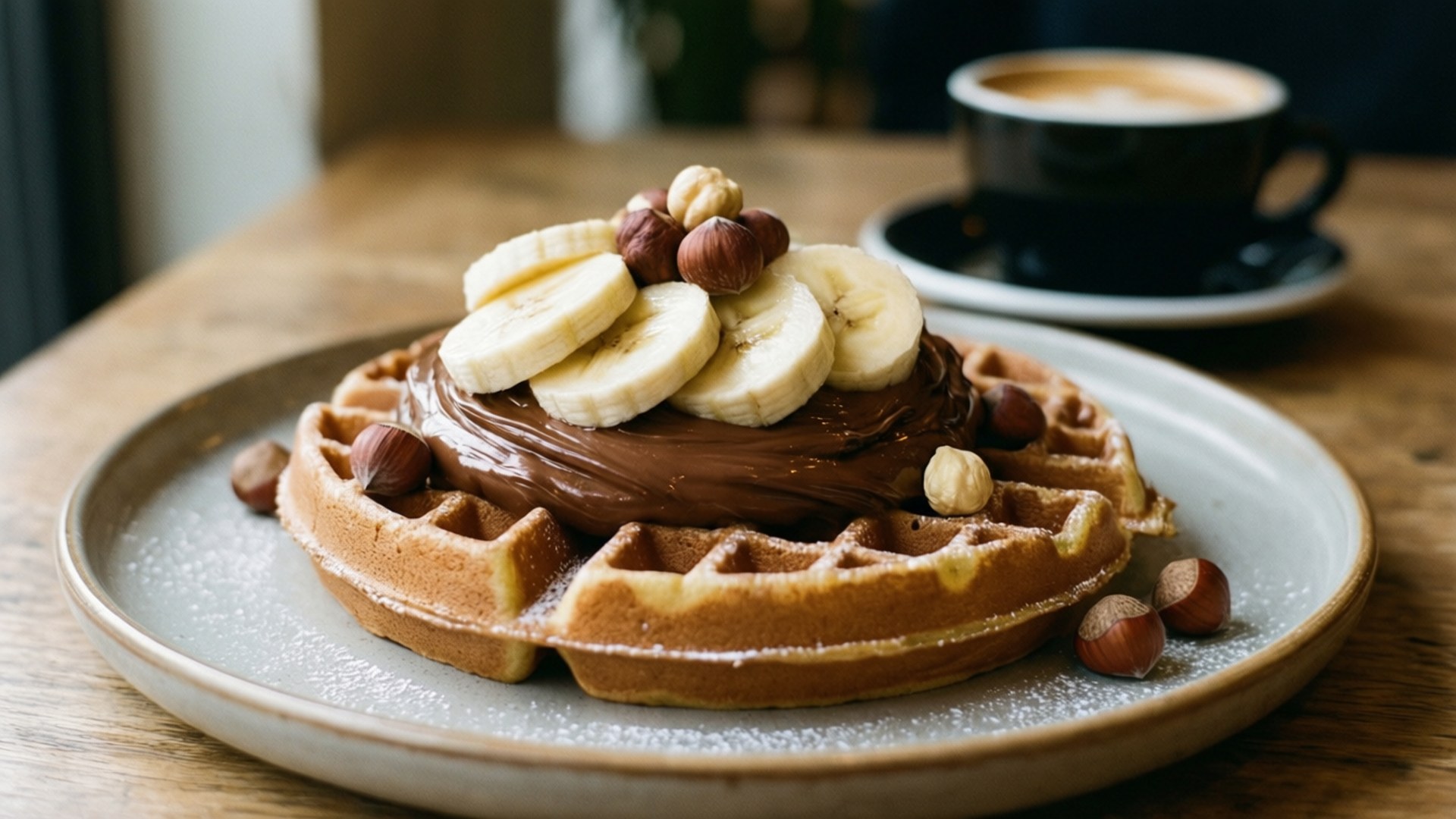 Nutella Banana Waffle 壁紙 — 金色窩夫配上朱古力榛子醬、切片香蕉和原粒榛子，撒上糖粉，放在質樸的木桌上。