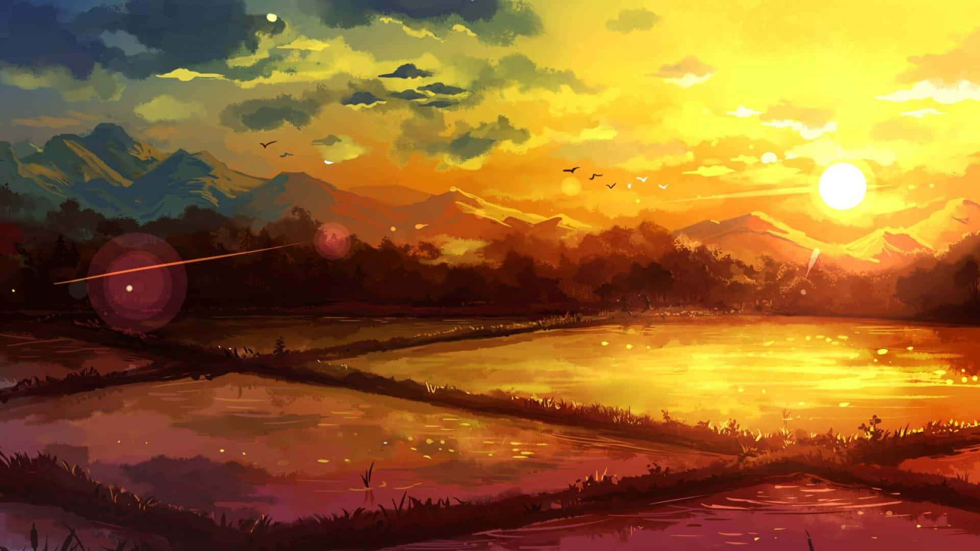 Sunset Painting 桌布 壁紙 — 金色夕陽沐浴稻田和遠山，溫暖色調中鳥兒飛過戲劇性的天空。