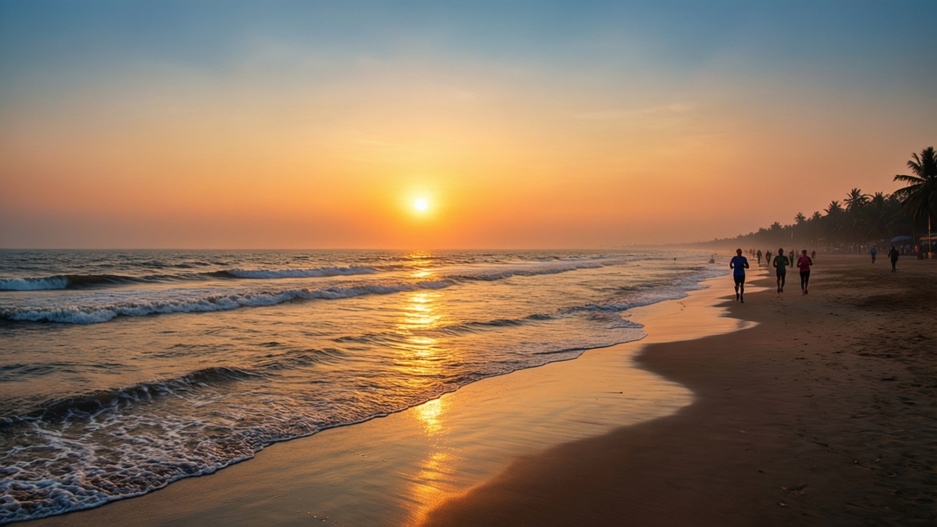 Chennai 桌布 壁紙 — 金色夕陽將溫暖的光芒投射在海浪上，海浪拍打著沙灘，人們沿著海岸線慢跑。