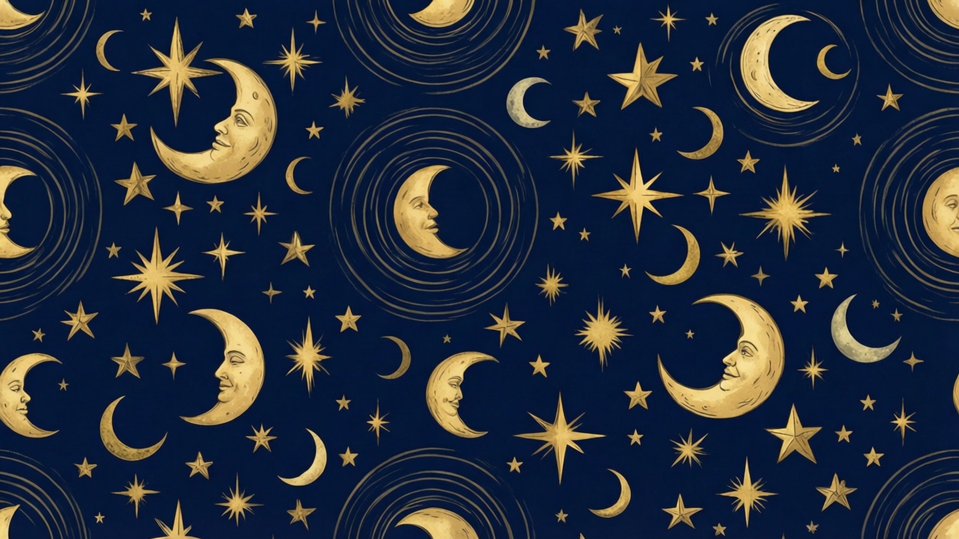 桌布 壁紙 — 金色新月帶有寧靜的面容和閃爍的星星，漂浮在深海軍藍的天體圖案上。