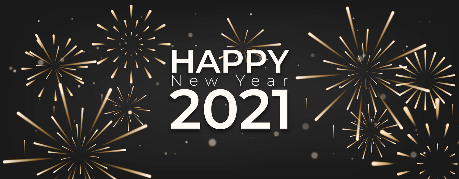 金色煙火在黑色背景上爆炸，帶有「Happy New Year 2021」文字。
