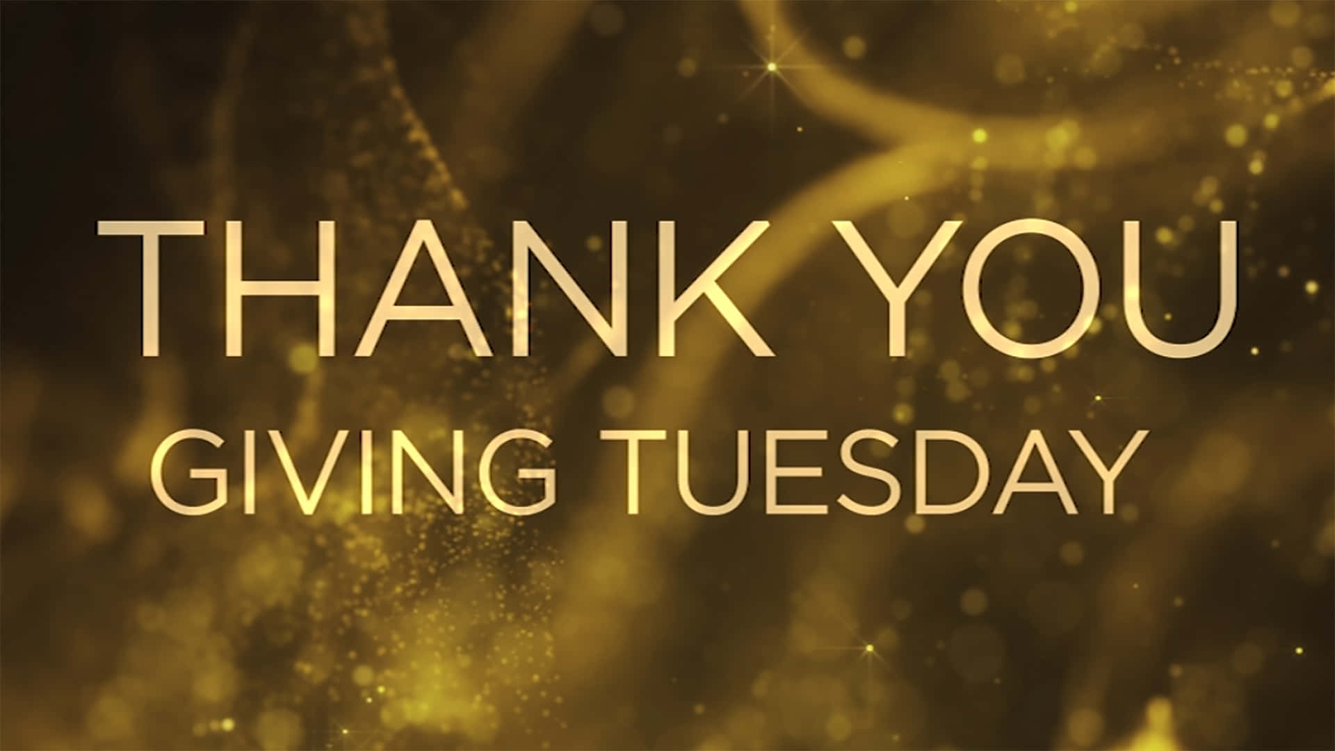  壁紙 — 金色閃爍的粒子在粗體文字'THANK YOU GIVING TUESDAY'後方旋轉，文字以溫暖發光的字母呈現。