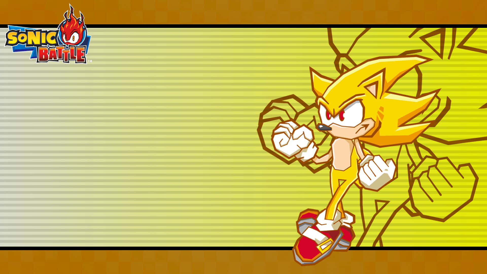  壁紙 — 金色Sonic the Hedgehog以戰鬥姿態站在黃色條紋背景前，帶有「Sonic Battle」標誌。