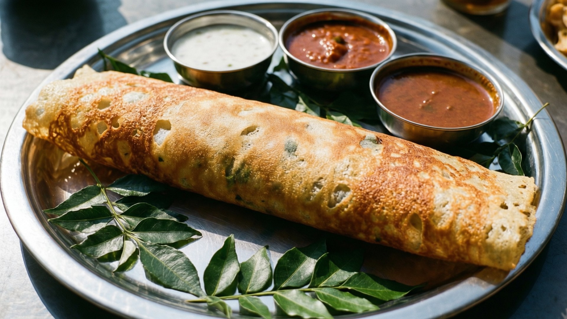 Dosa 桌布 壁紙 — 金黃色的多薩捲起並放在金屬盤上，配以三種蘸醬和新鮮的咖喱葉。